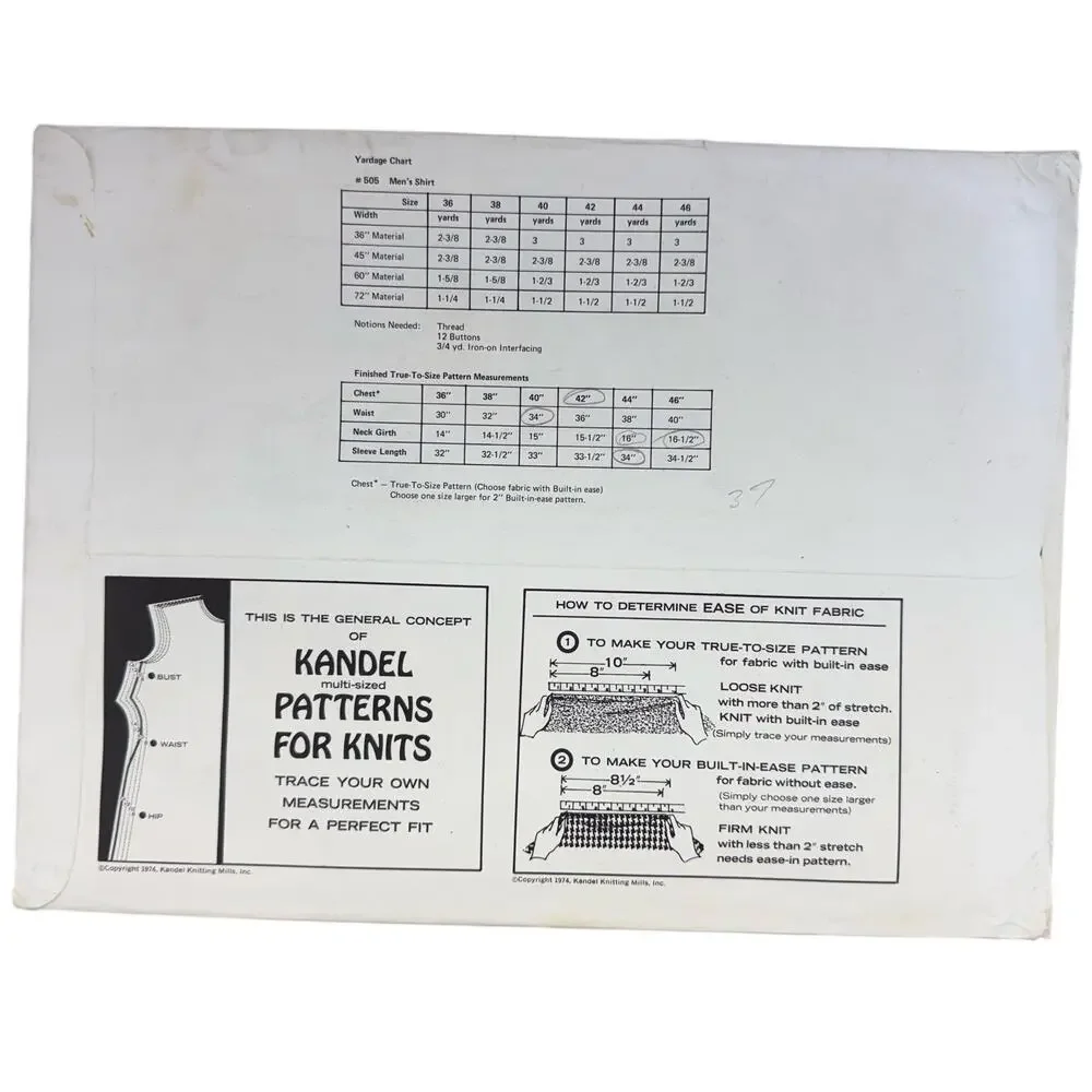 Vintage 70s Kandel Patterns for Knits Men’s Shirt Pattern 505 Size 36-46 USA